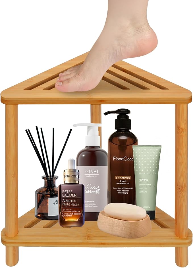 Bamboo Corner Shower Stool for Inside Shower Shaving Legs, Waterproof Bathroom Bench Seat with Storage Shelf for Small Spaces, Foot Rest, Bath Seat