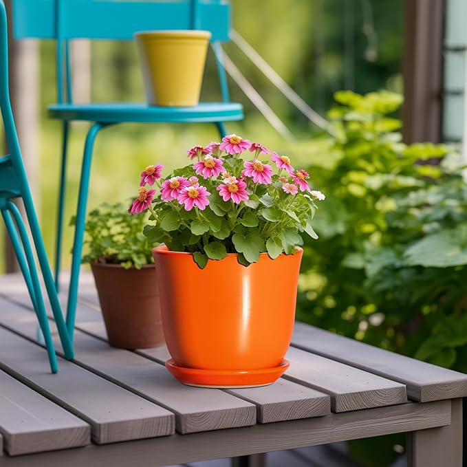 5.6 Inch Plant Pot - Ceramic Pots for Plants Indoor Outdoor, Succulent Pot with Drainage Hole and Saucer, Round Modern Flower Pots, Garden Home Room Decor, Gifts for Plant Lovers, Orange