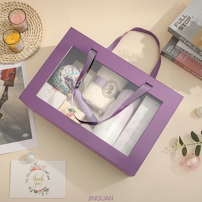 Large Purple Clear Gift Boxes, 13.5x9x4.1 Inches Gift Boxes with Windows by Handles, Bridesmaid Proposal Boxes, Collapsible Gift Boxes with Magnetic Closure (Glossy Purple, 5 Pack)