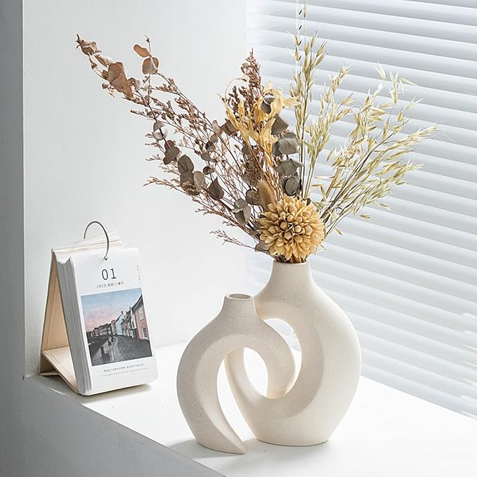 Snuggle Hollow Ceramic Vase Set of 2 for Coffee Table Decor, Donut Decorative Vases for Boho Modern Table Centerpieces Home Living Room Entryway Table Shelves Decoration (Beige W 6.3" X H 8.4")