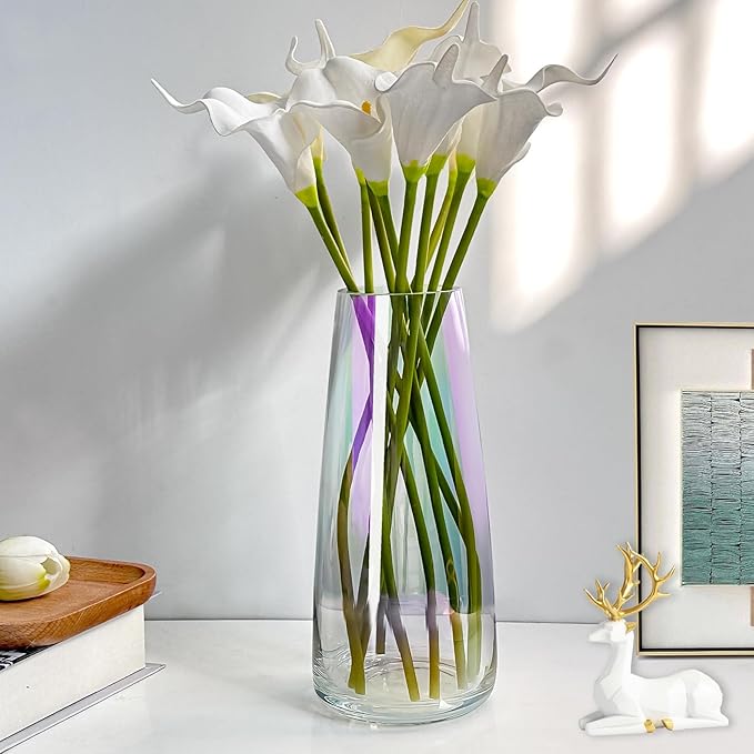 Aoderun Flower Vase Modern Home Decor Glass Vase for Bouquet 8.7" Centerpiece Decor Room Living Room Library Office Table Entryway Modern Farmhouse(Iridescent Clear)