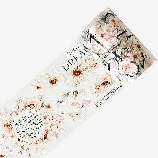 WT Pre-Cut Rosé Scripts Wide PET Tape, Single Roll, Original Designs, Blush Floral & Handwritten Script, Clear Decorative Tape for Junk Journal, Scrapbook, Bujo, Planner, DIY Crafts