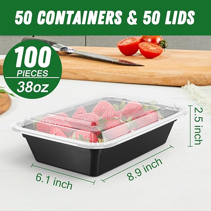 50 Pack (100-Piece) 38 oz Meal Prep Containers Reusable with Lids, Sturdy Leakproof & Food Safe, Microwave, Freezer, Dishwasher Safe Prep Containers, To Go Take Out Plastic Food Storage