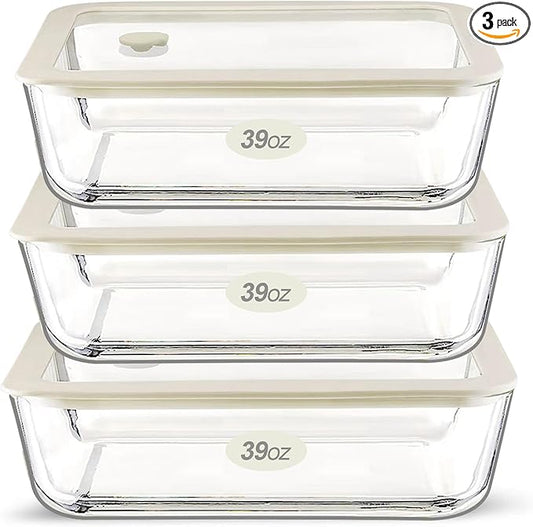 Urban Green Glass Food Container Set with Glass Lid, 3 Pack, Food Storage Containers Set, Airtight, LeakProof, 100% Plastic Free, Meal Prep Containers (White Color)