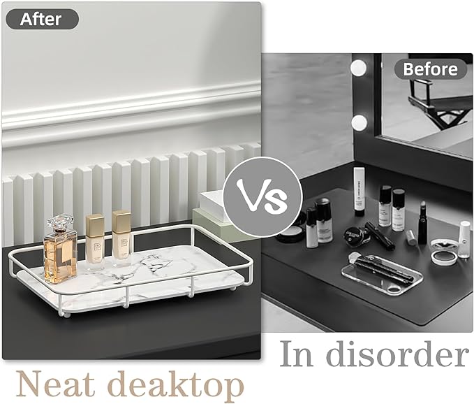 Bathroom Organizer Countertop Perfume Organizer Makeup Organizer Cosmetics Storage Display Rack Vanity Tray Dresser Stainless Steel Gold Shelf White Marble Ceramic Tray