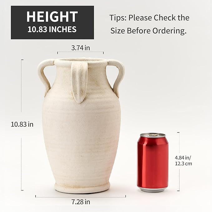 Handmade Ceramic Vase with 4 Handles, 10.83" Tall Farmhouse Rustic Vase, Decorative Pottery Flower Vases for Home Decor, Wedding, Living Room, Table, Shelf Decor, White