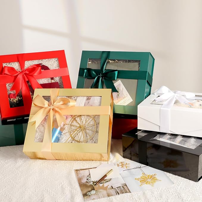 PACKQUEEN 5 Extra Large White Gift Boxes with Windows, 16.3x14.2x5 Inches Clear Gift Boxes for Presents Contain Ribbons, Cards, Bridesmaid Proposal Boxes with Magnetic Lids (Glossy White)