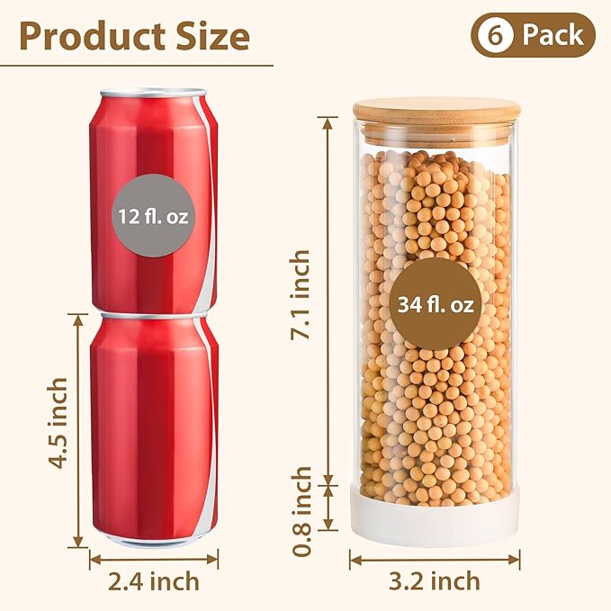 34oz Round Glass Storage Containers with Bamboo Lids – 6 Pack Medium Clear Food Airtight Glass Jars for Pantry Organizers and Storage, Kitchen Dry Food, Flour, Cereal, Coffee Beans & Staples