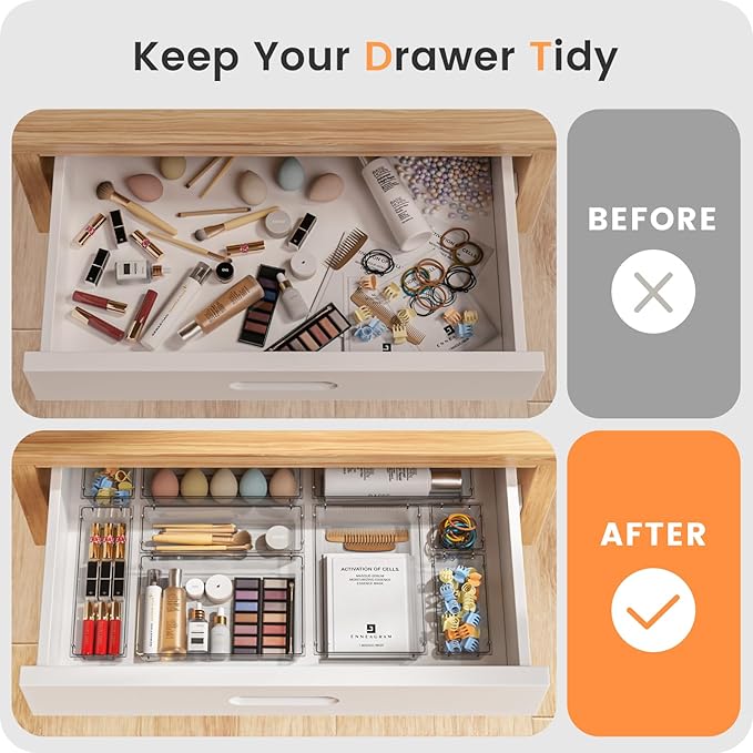 A-LuGei Drawer Organizer, Bathroom Organizers and Storage, Makeup organizer, Desk drawer organizer, Storage Bins for Kitchen Office Bedroom Vanity Jewelry Pantry Garage, 4Size, Clear