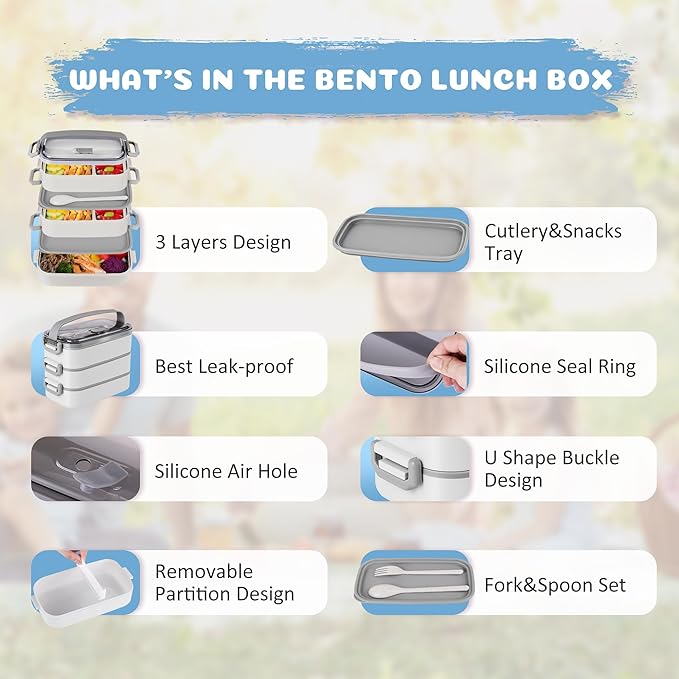 Bento Lunch Box for Kids Women Men, 47oz 2-Compartment Salad Metal Food Prep Pack Container for Lunch, Stainless Steel 3 Layers Stackable Lunch Containers with Lids for Adults and Teens White