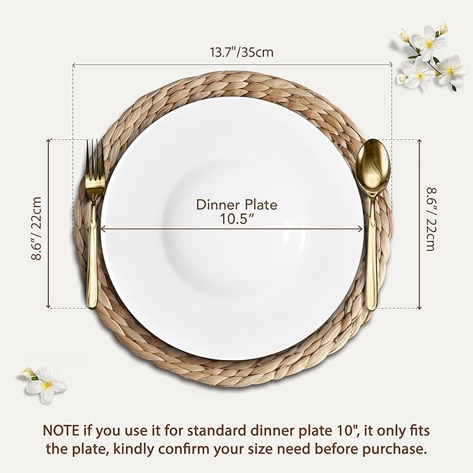 Natural Round Placemats Set of 8, Woven Placemats 13.7", Herringbone Pattern, Table Mats Braided Heat Proof, Farmhouse Boho Table Place Mat Ourdoor Wicker Chargers for Dinner Plates