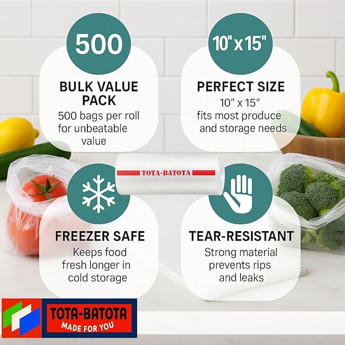 Plastic Produce Bags on Roll – 500 Count, 10x15 in, Clear Food Storage Bags with Easy Tear Red Line, for Fruits, Vegetables, Meat, Freezer, Grocery & Kitchen Use,TOTA-BATOTA