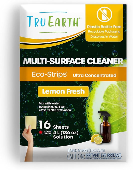 Tru Earth Multi-Surface Cleaner Eco-Strips | All Purpose Cleaner Concentrate for Multi-Use, Fresh Lemon Scent, 16 Strips