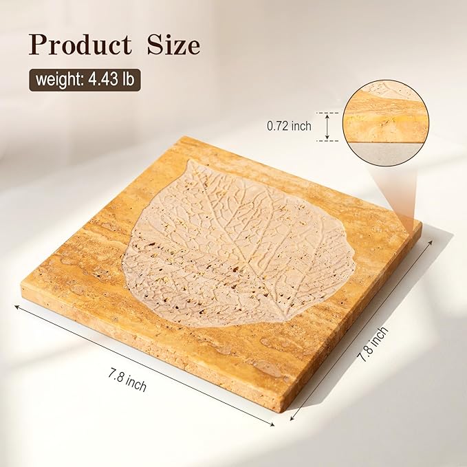 Marble Leaf Embossed Tray, Natural Golden Travertine Vanity Decorative Marble Tray for Bathroom, Jewelry, Kitchen and Desktop, Decorative Stone Pallet for Cosmetics, Perfume and Home Decor