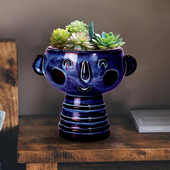 Planter, Ceramic Cute Face Flower Pot Head, Indoor Outdoor, Drainage Hole, 7x5x6 inches, Light Blue