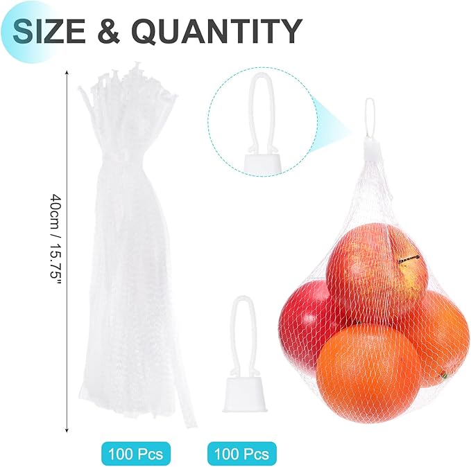 uxcell 100 Pcs Reusable Mesh Produce Bags, 40cm/16 Inch Washable Net Storage Bags Reusable Grocery Reusable Storage Bags with Plastic Buckle for Fresh Fruit Vegetables Seafood, White