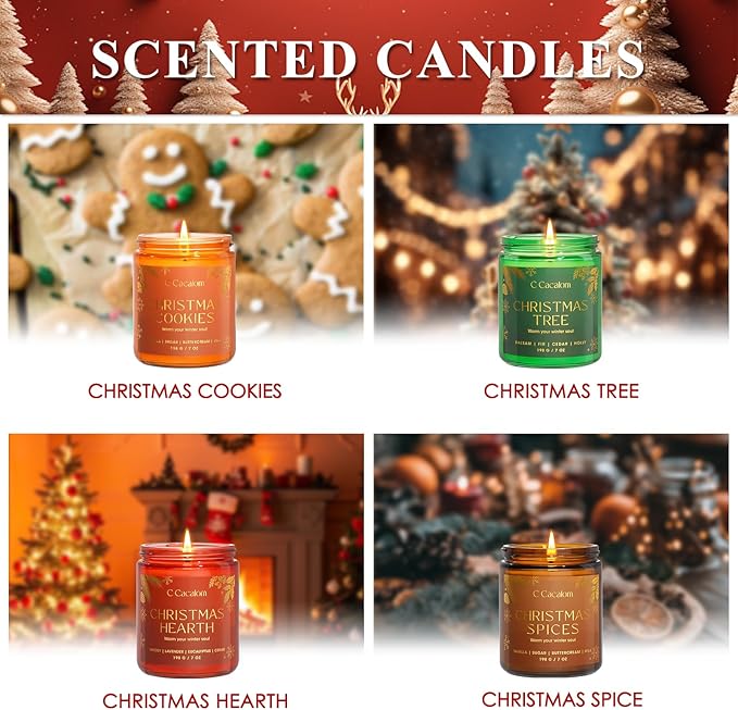 4Pack/28oz Christmas Soy Candles Gift Set Non-Toxic Aromatherapy Scented Holiday Candles for Chritmas Gifts Home Decor, Luxury Vinilla/Apple/Eucalyptus/Rose Jar Candle, Winter Candle Set for Women Men