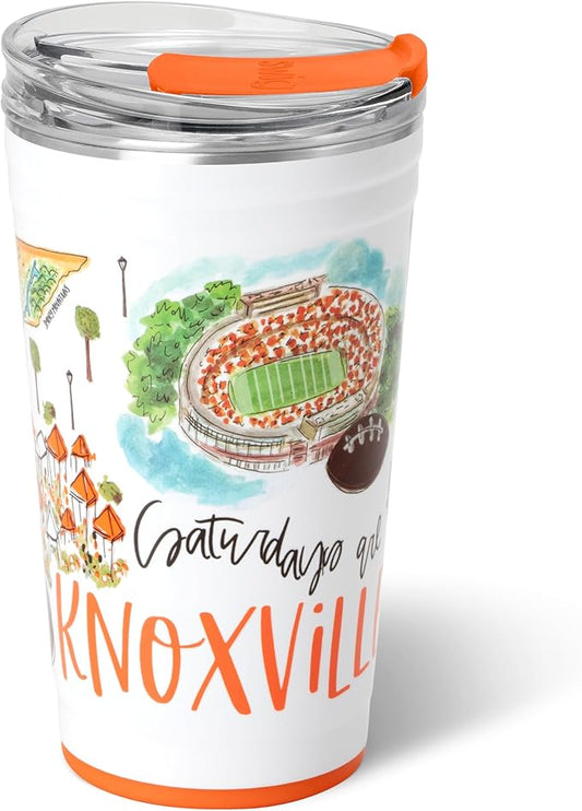 Swig Life 24oz Party Cup, Stackable Insulated Travel Coffee Tumbler with EZ Slider Lid, Cup Holder Friendly, Stainless Steel 24 oz Tumbler, Reusable Coffee Mug (Saturdays in Knoxville)