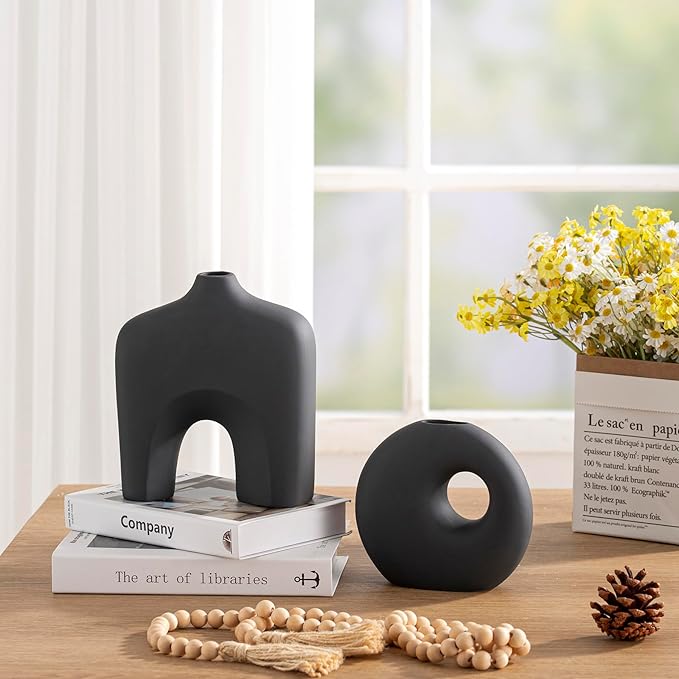 Ceramic Vase Set of 2, Modern Donut Vases for Minimalist Nordic Home Decor, Waterproof Round Vase, Decorative Centerpiece Vases for Living Room, Entryway, Bookshelf, Table Decor (Matte Black)