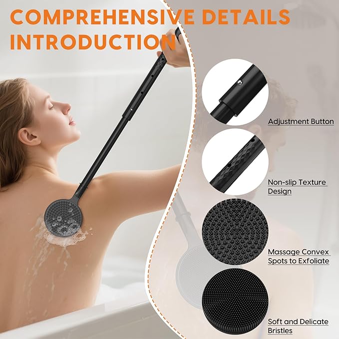 Back Scrubber for Shower, 24in Adjustable Handle Body Brush, Double Sided Shower Brush for Shower Exfoliating and Massage Can Produce Rich Foam, Long Handle Back Scrubber for Men （Circular）