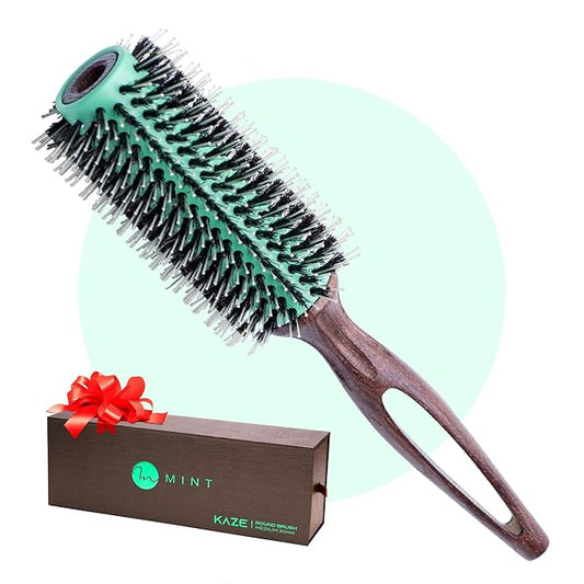 MINT Eco-Friendly Boar Bristle Round Brush for Blow Drying | Durable Blowout Styling for All Hair Types | Ceramic Round Brush with Hand-Crafted Wooden Handle (30 mm)