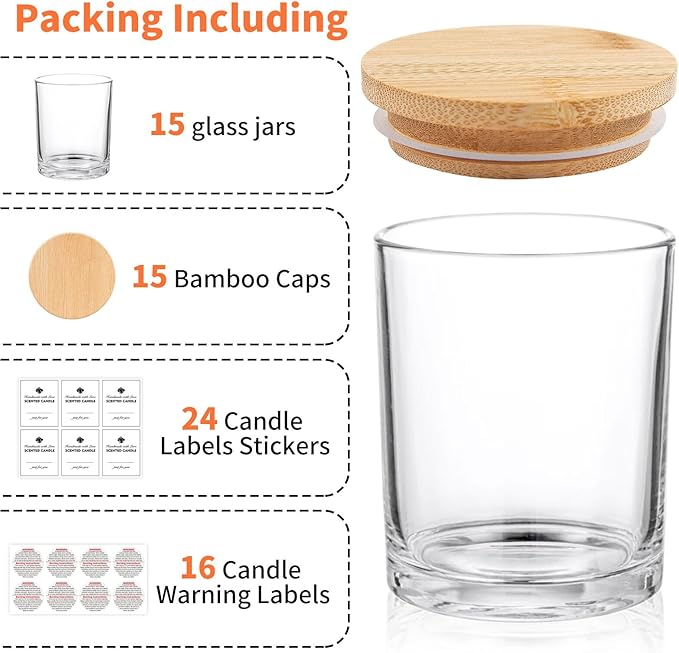 15 Pack Glass Candle Jars, 7oz Clear Candle Containers with Bamboo Lids and Labels, Empty Candle Jars for Making Candles - Dishwasher Safe, 7 fl.oz