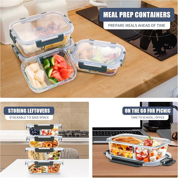 2 & 3 Compartment Meal Prep Containers - Glass Food Storage Lunch Containers with Lids, Bento Box, Portion Control, Freezer to Microwave Safe