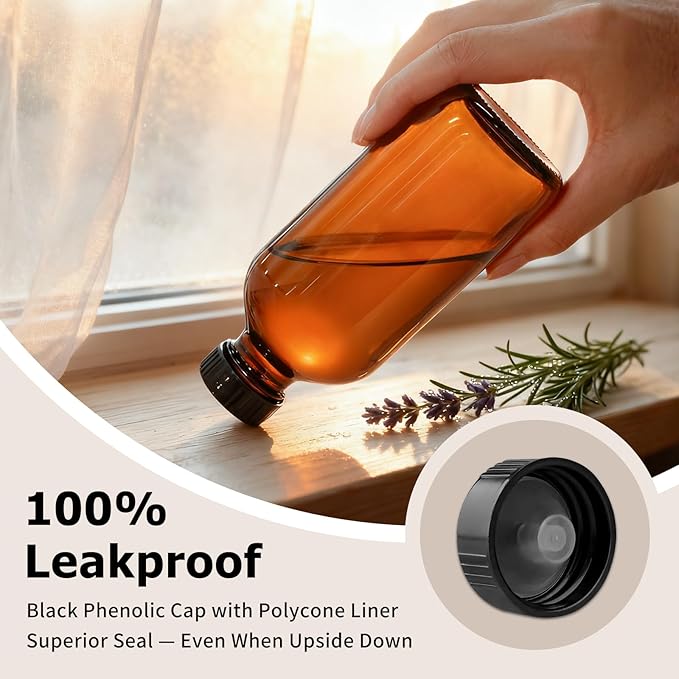 24 Pack 8 oz Amber Glass Boston Round Bottles with Phenolic Polycone Caps – Airtight, Leak-Proof Bottles for Vanilla Extract, Kombucha Brewing, Essential Oils, and Homemade Solutions