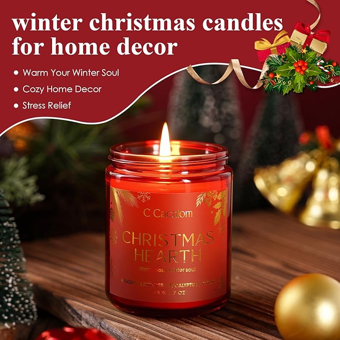 Christmas Soy Candles for Christmas Home Decor Non-Toxic Aromatherapy Scented Candles for Holiday Christmas Gifts, Cozy Cute Jar Candle, Winter Candle for Women Men, Christmas Hearth Lavender Candle