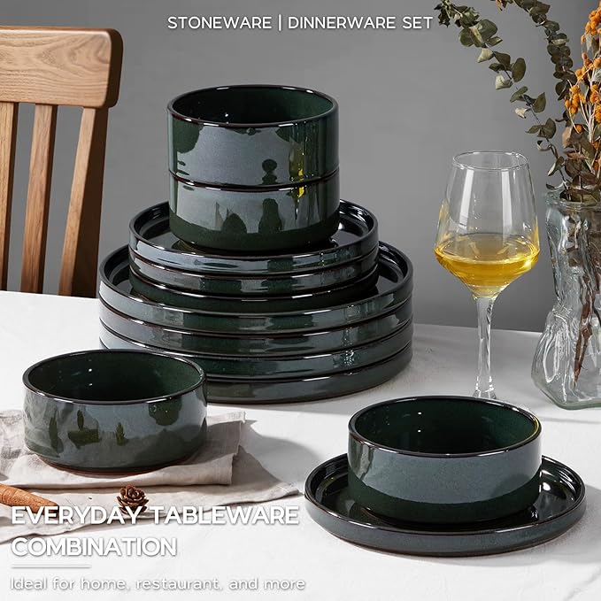 Onader Stoneware Dinnerware Sets for 8, Reactive Glaze Plates and Bowls Sets, Ceramic Dish Dinner Set with Rustic Terracotta Bottom, 24 Piece Elegant Dishware - Emerald Green