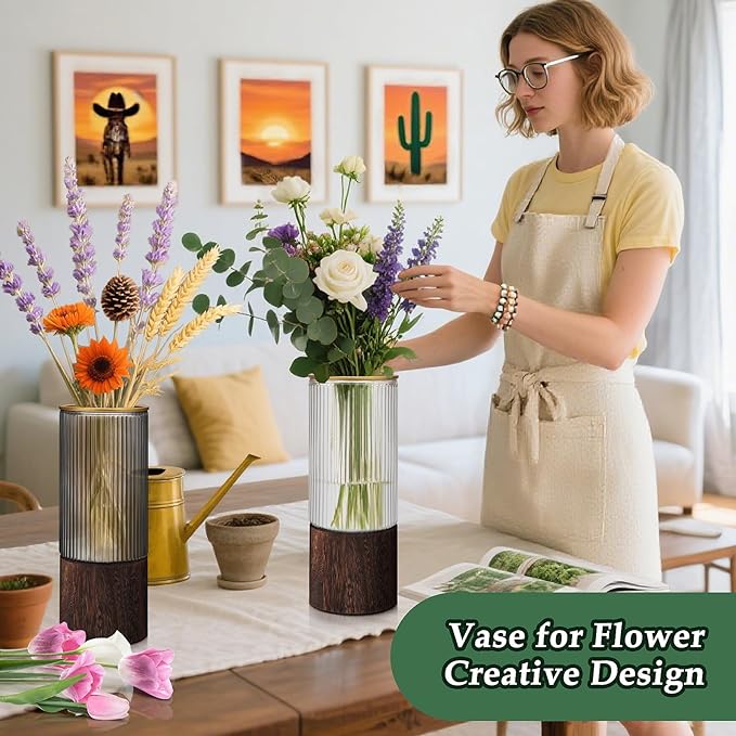 Ribbed Glass Vase Set of 2 Vases for Flowers,10" H Wood Glass Vase with Solid Wooden Base,Rustic Flower Vase for Home Decor,Living Room,Bedroom,Kitchen,Dining Table,Fireplace,Office(Gray & Clear)
