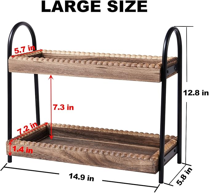 Bathroom Countertop Organizer, 2 Tier Vanity Organizer and Storage for Cosmetic Skincare Perfume, Wood Bead Storage Shelf for Bathroom Kitchen Coffee Station
