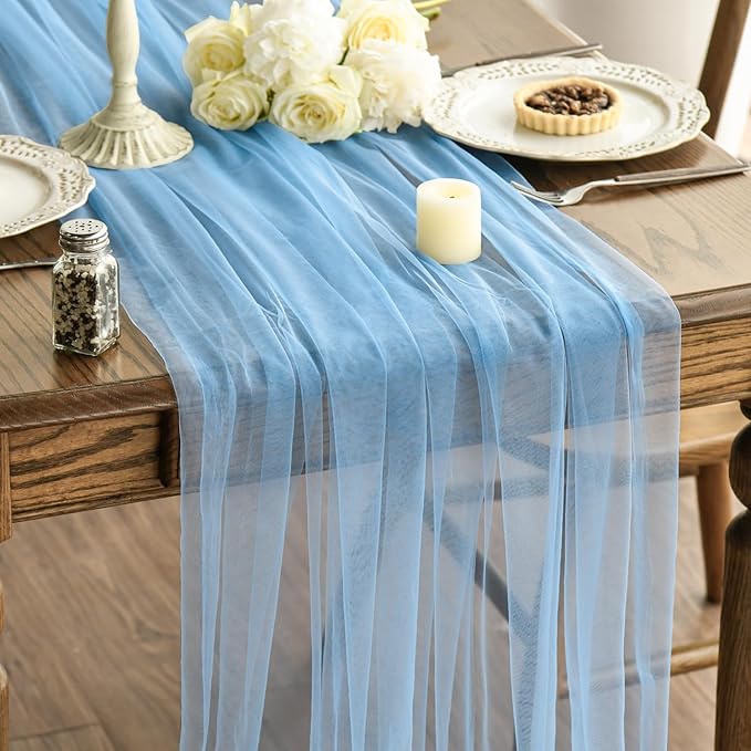 Artoid Mode 10PCS Dusty Blue Gauze Table Runner 120 Inch 10FT, Seasonal Sheer Kitchen Dining Holiday Wedding Birthday Baby Shower Table Decor for Home Party