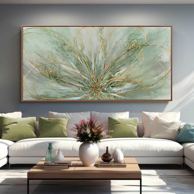 YJYart Abstract Canvas Wall Art Gold Line Wall Posters Green Wall Decor 36"x70" Oversized Artwork for Bedroom Dining Room Walls