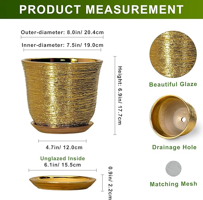 Ceramic Plant Pots - 8 Inch Plant Pot with Drainage Hole and Saucer, Round Planter for Indoor Outdoor, Modern Flower Pot, Decorative Planter, Garden Home Office Decor, Gardening Gifts, Gold