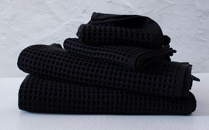 PÜSKÜL - Premium Waffle Towel Set 4 Pieces Black - Organic 100% Turkish Cotton Quick-Dry Towels for Bathroom Made in Turkiye (Black, Towel Set - 2 Hand & 2 Bath Towels)