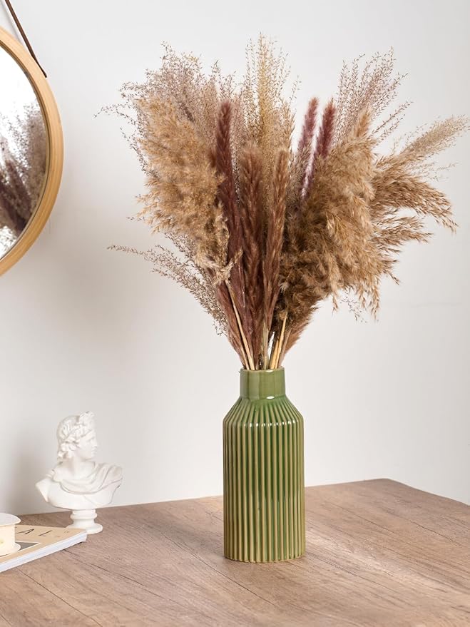 Green Ceramic Flower Vase, Minimalist Home Decoration, 8 Inch Small Pampas Grass Vases for Kitchen, Bedroom, Office, Living Room, Bathroom, Shelf Centerpiece Table