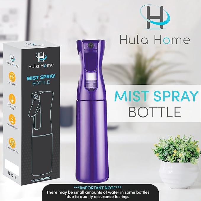 Hula Home Continuous Spray Bottle for Hair (10.1oz/300ml) Empty Ultra Fine Plastic Water Mist Sprayer – For Hairstyling, Cleaning, Salons, Plants, Essential Oil Scents & More - Purple