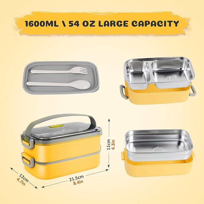 Bento Lunch Box for Kids Women Men, 47oz 2-Compartment Snack Salad Metal Food Prep Pack Container for Lunch, Stainless Steel 2 Layers Stackable Lunch Containers with Lids for Adults and Teens Yellow