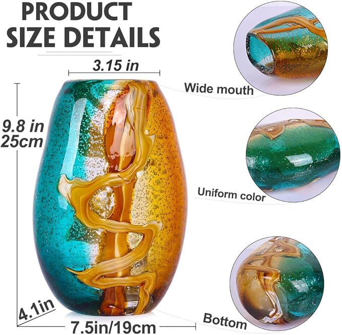 9.8" Hand-Blown Colorful Glass Vase - Green, Blue, Amber, Burnt Orange Decorative Vase for Home Decor - Modern Blue Green Glass for Centerpieces, Weddings, Living Room, Kitchen, Dining, Bedroom Decor