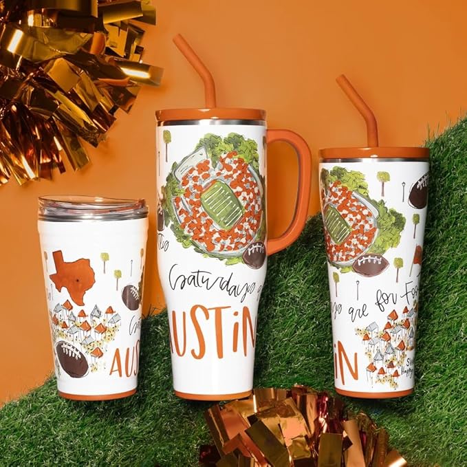 Swig Life 24oz Party Cup, Stackable Insulated Travel Coffee Tumbler with EZ Slider Lid, Cup Holder Friendly, Stainless Steel 24 oz Tumbler, Reusable Coffee Mug (Saturdays in Austin)