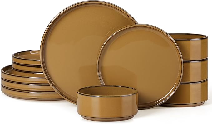 Herogo 12 Pieces Stoneware Dinnerware Set for 4, Ceramic Dinner Dishware Sets for Home Kitchen, Plates and Bowls with Rustic Terracotta Bottom, Dishwasher & Microwave Safe, Earthen Brown