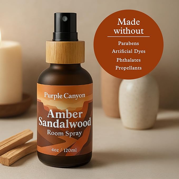 Purple Canyon Amber & Sandalwood Room Spray — 4 oz Natural Linen & Room Freshener — Warm, Woody & Resinous Fragrance Mist — Cozy Home Ambiance — Premium Natural Fragrance Oils