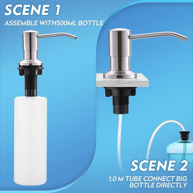 CREA Dish Soap Dispenser for Kitchen Sink, Built-in Countertop Set with 39" Tube & 17oz Bottle, Stainless Steel Pump