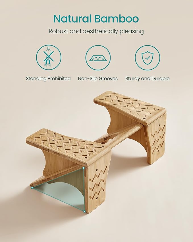 SONGMICS Bamboo Toilet Stool, Adjustable Poop Stool with Non-Slip Grooves, Height Convertible to 6.9 or 9.5 Inches, Squat Potty Stool for Bathroom, Space-Saving, Light Bamboo UBCB111N01