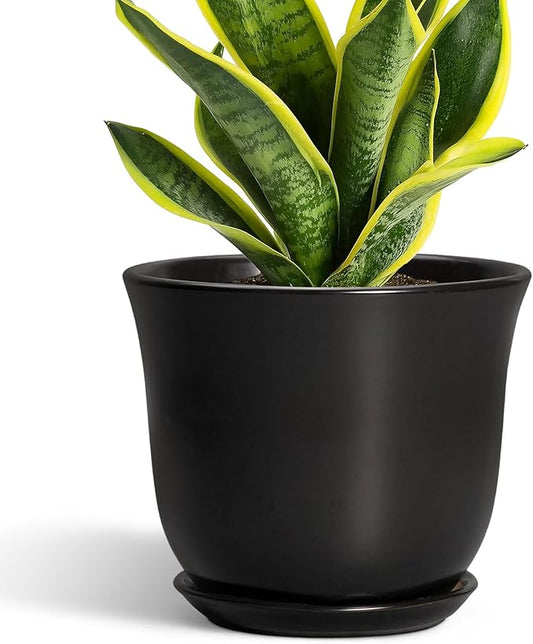 8 Inch Plant Pot - Ceramic Pots for Plants with Drainage Hole and Saucer, Round Planter for Indoor Outdoor, Modern Flower Pot, Gifts for Plant Lovers, Home Room Garden Porch Decor, Black