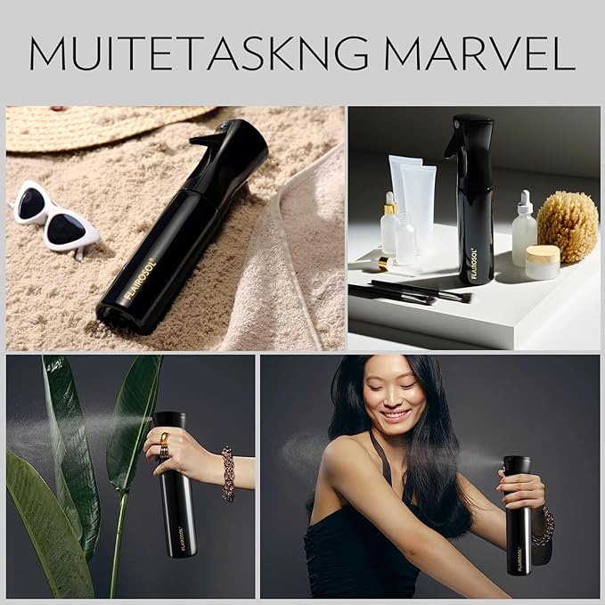 FLAIROSOL Spray Bottle for Hair, Continuous Spray Bottle with 0.3MM Ultra Fine Mist, Water Mister for Hairstyling, Cleaning, Plants, Pets, 10.1oz/300ml, Black Bottle, Gold Print