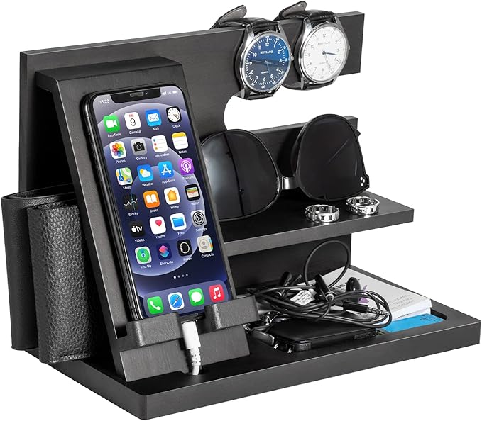 Wood Phone Docking Station - Gifts for Men Desk or Nightstand Organizer - Birthday Gifts for Husband, Fathers Day for Dad - Anniversary Idea from Wife - Key Holder, Stand Wallet, Watch & Essentials