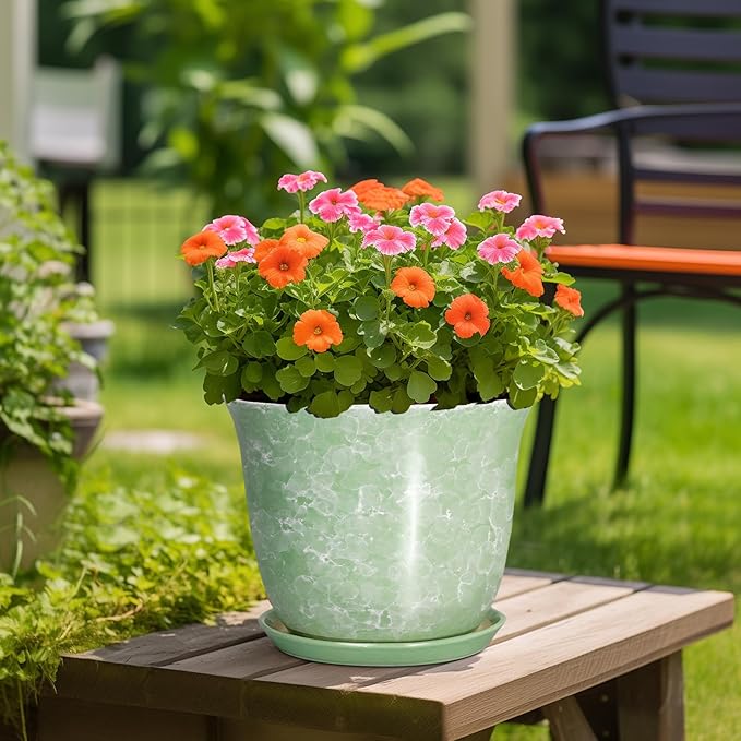 12 Inch Pots for Plants - Ceramic Plant Pots with Drainage Hole and Saucer, Large Round Planter for Indoor Outdoor, Modern Flower Pot, Decorative Planters, Garden Decor, Garden Gifts, Green