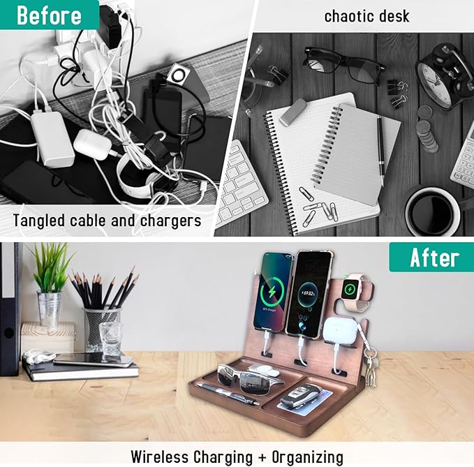 Wood Phone Docking Station Nightstand Organizer Charging Station with QC 3.0 & PD22.5W USB C Charger Fast Charging for iPhone Samsung Android Watch Airpod Anniversary Birthday Gifts for Men